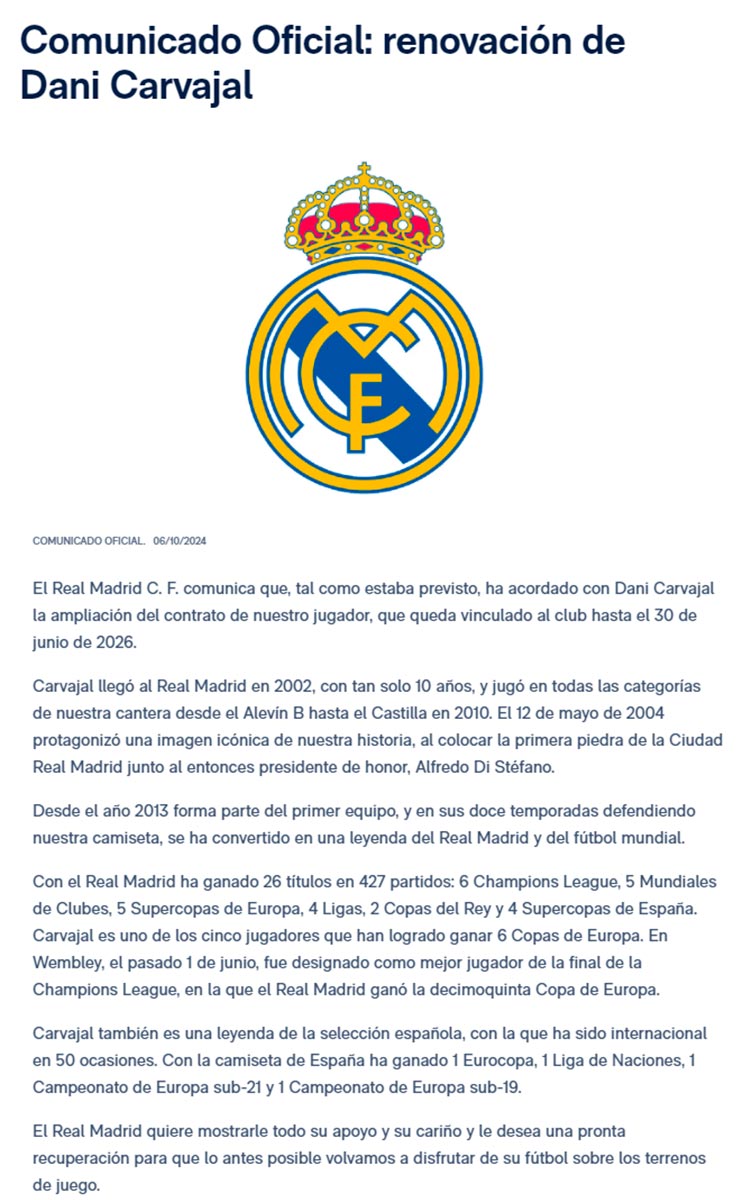 Comunicado oficial del Real Madrid: renovación de Dani Carvajal